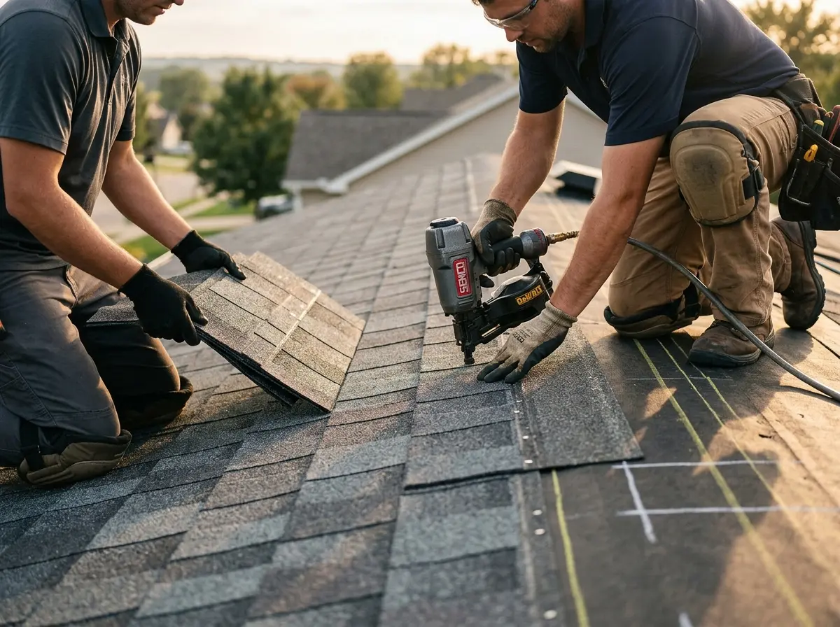 Professional roofer working on a residential roof in Leander
